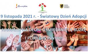 Namaluj uśmiechniętą buźkę na dłoni-plalkat  światowego dnia adopcji z dłońmi i namalowanymi na nich buźkami